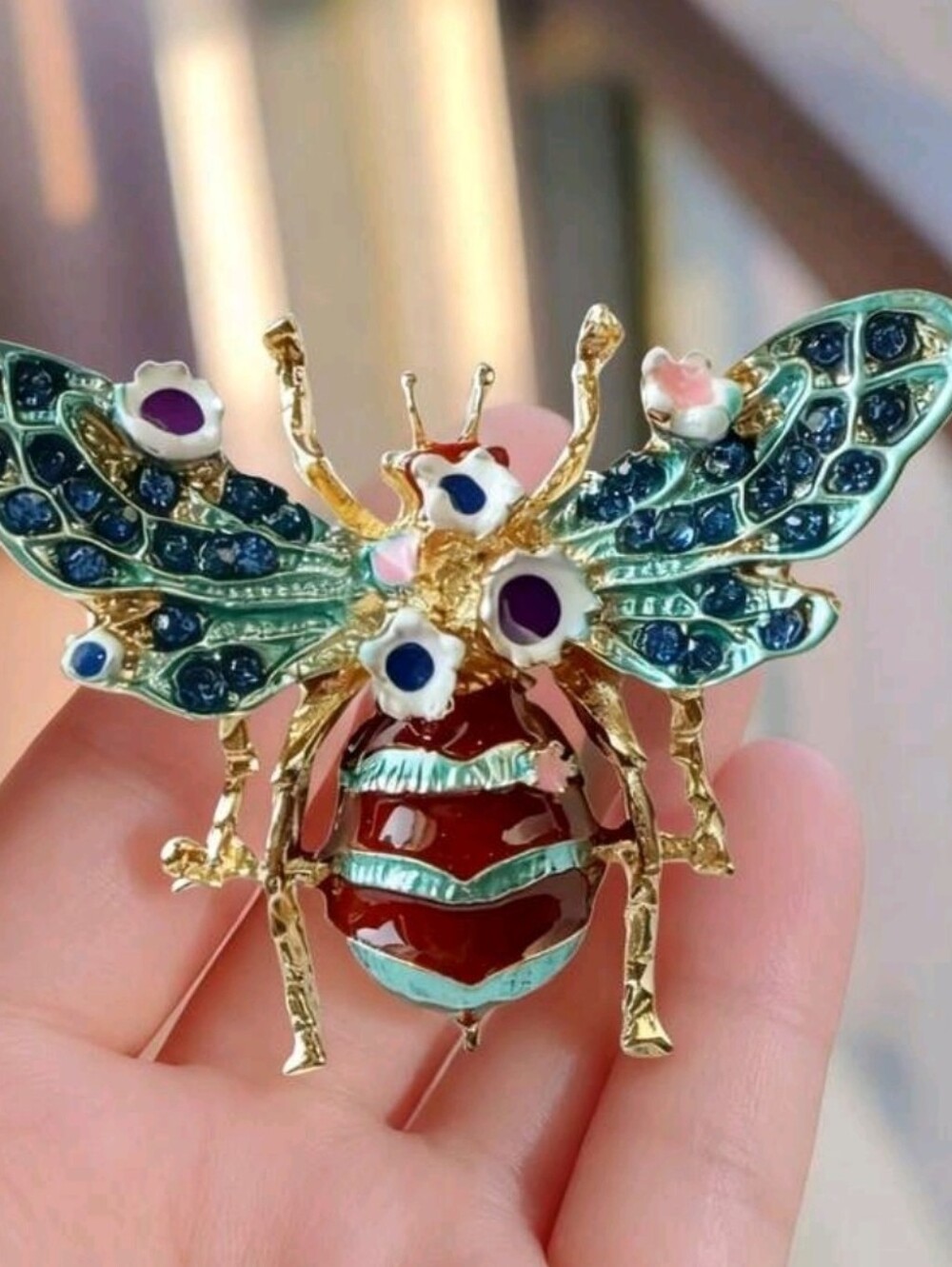 Gold-Tone Enamel Bee Brooch in Green and Red